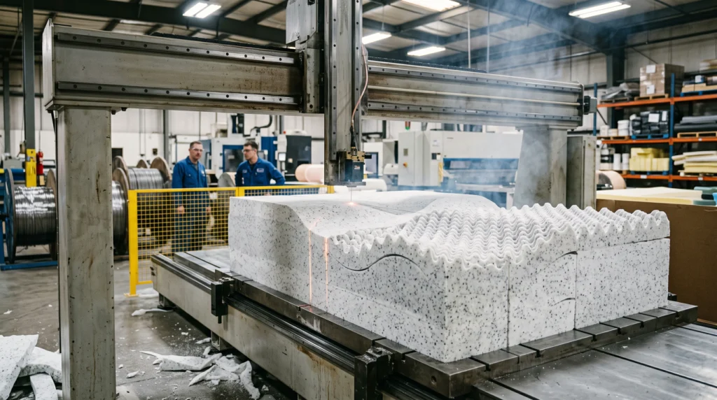 A computer-controlled wire cutter shaping high-density foam blocks into convoluted orthopedic geometries.