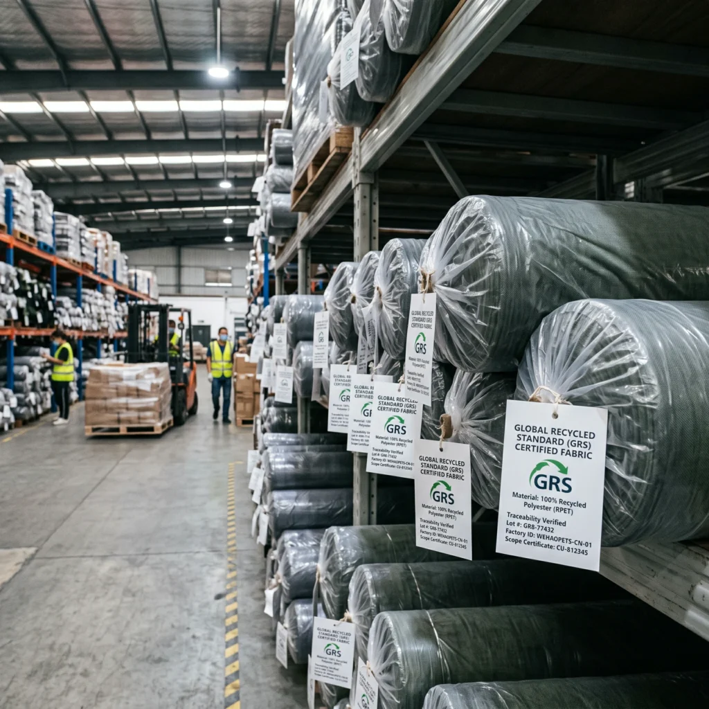 Rows of recycled PET fabric rolls displaying Global Recycled Standard (GRS) certification tags stacked in a brightly lit industrial warehouse.