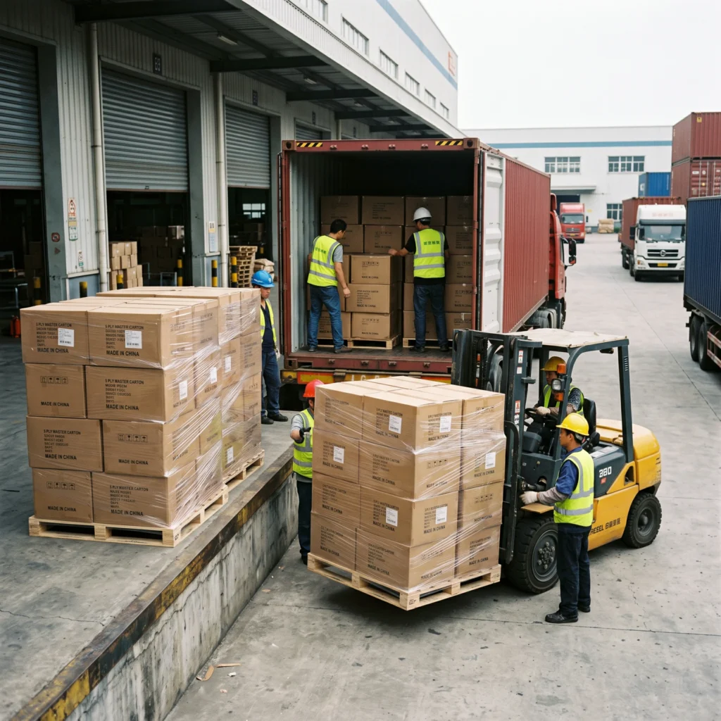 Stacked wooden export pallets holding uniform 5-ply cartons being loaded into an ocean container at Wehao Pets factory