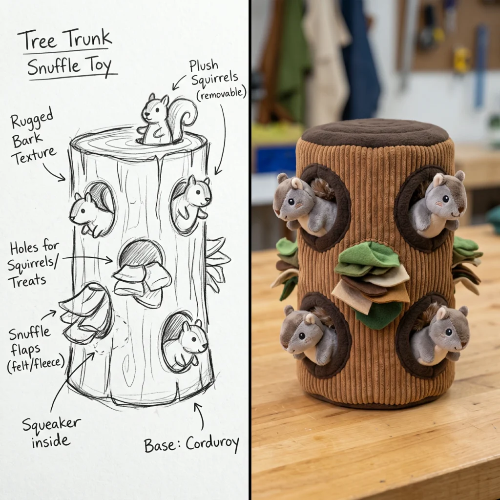 Side-by-side comparison of a rough hand-drawn sketch and a finished physical plush dog puzzle toy shaped like a tree trunk.