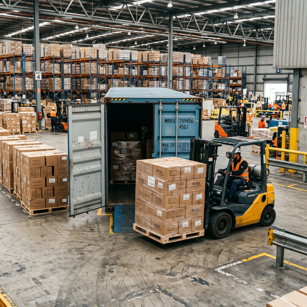 Real factory photo showing pallets of dog toy master cartons being loaded into a shipping container by a forklift.