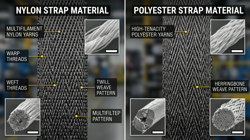 Close-up technical view comparing the dense woven fibers of nylon alongside hydrophobic polyester strap materials.
