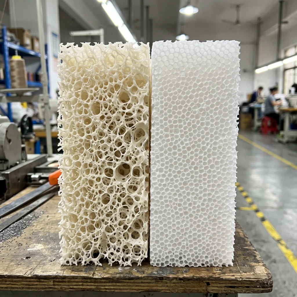 A close-up cross-section view showing the microscopic cellular structure differences between breathable open-cell foam and rigid closed-cell foam.
