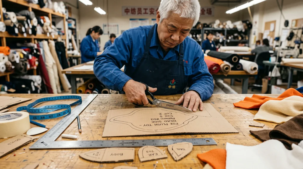 A master pattern maker's hands precisely cutting cardboard molds for a pet toy on a drafting table in a factory sample room.