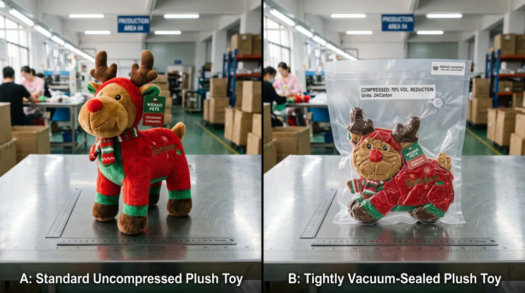 Side-by-side comparison of a standard plush dog toy and an identical vacuum-sealed compressed plush toy on a factory inspection table