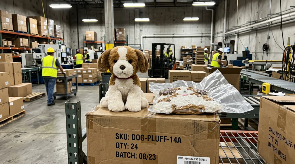 Authentic factory photo showing a side-by-side comparison of a standard fluffy dog plush toy resting on a cardboard box next to an identical plush toy that is tightly flattened and vacuum-sealed in a clear polybag.