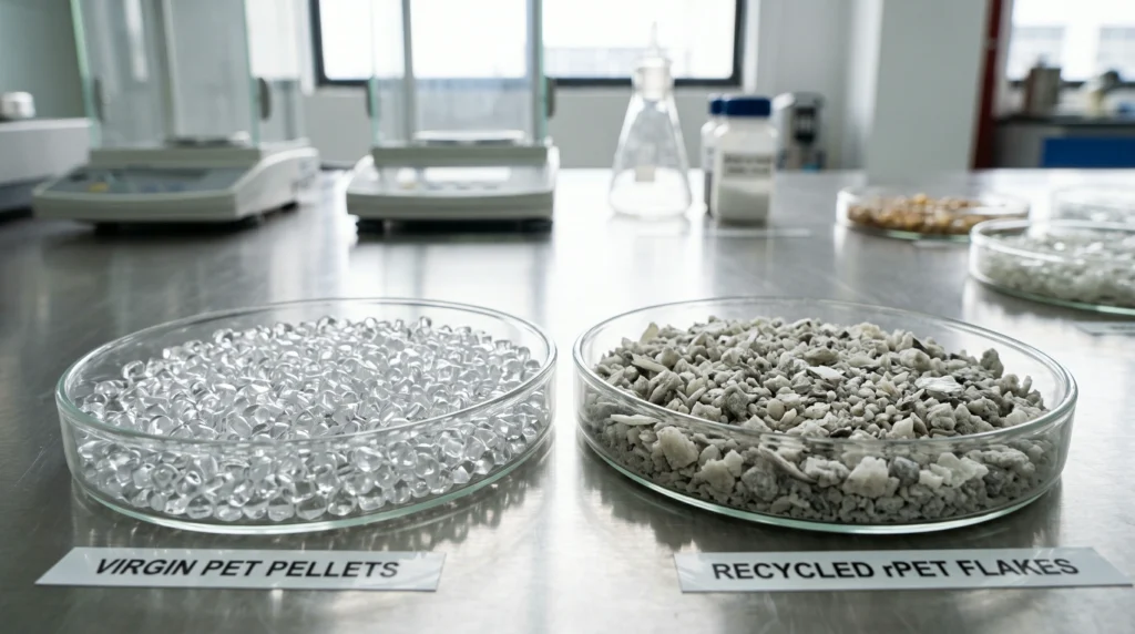 A visual comparison showing clear, uniform virgin plastic pellets on one side and irregular, multi-colored recycled PET flakes on the other.