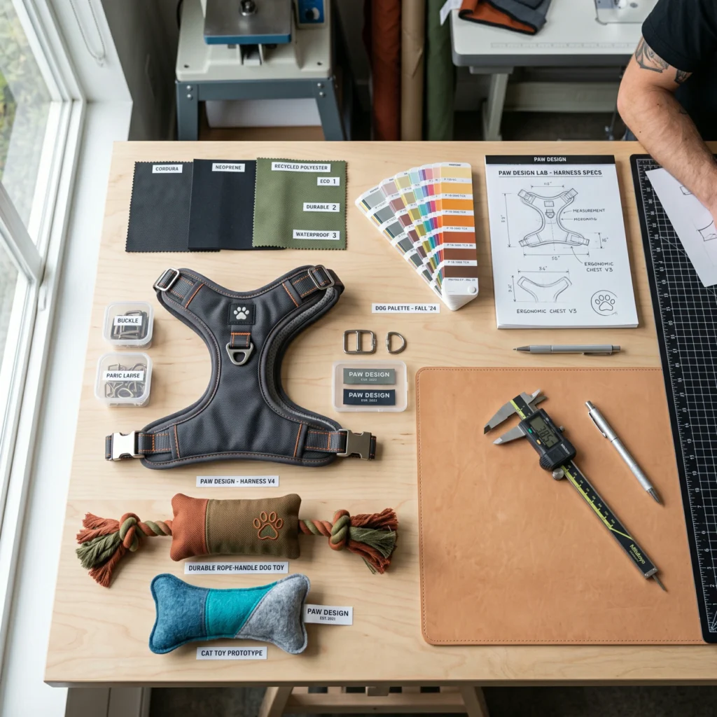 Professional flat-lay of pet product engineering lab workbench with fabric swatches, harness prototypes, and design schematics