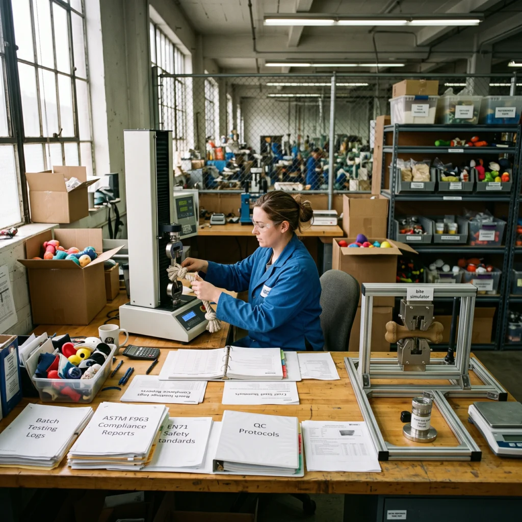 A photorealistic photograph of an active quality control testing laboratory in a pet toy manufacturing facility, featuring industrial testing equipment and compliance documents.