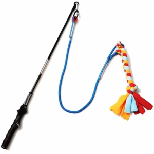 Interactive dog flirt pole teaser wand featuring a 35-inch stainless steel pole and 39-inch nylon cord. Includes a 15-inch handmade velvet fleece lure for active play.