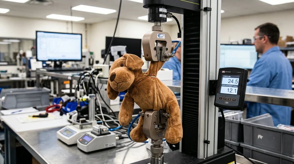 Close-up of a tensile testing machine applying continuous pull force to the structural seams of a custom dog plush toy.