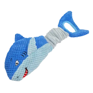 Wholesale blue shark dog toy made of textured pineapple fleece. Features a stretchable elastic bungee tail for tug-of-war, squeaker, and crinkle paper. Manufactured for B2B pet supplies.