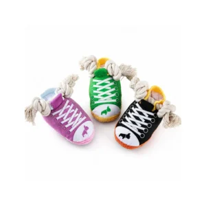 Wholesale canvas sneaker squeaky dog toy made of short plush and natural cotton rope. Features built-in squeaker and PP cotton filling.