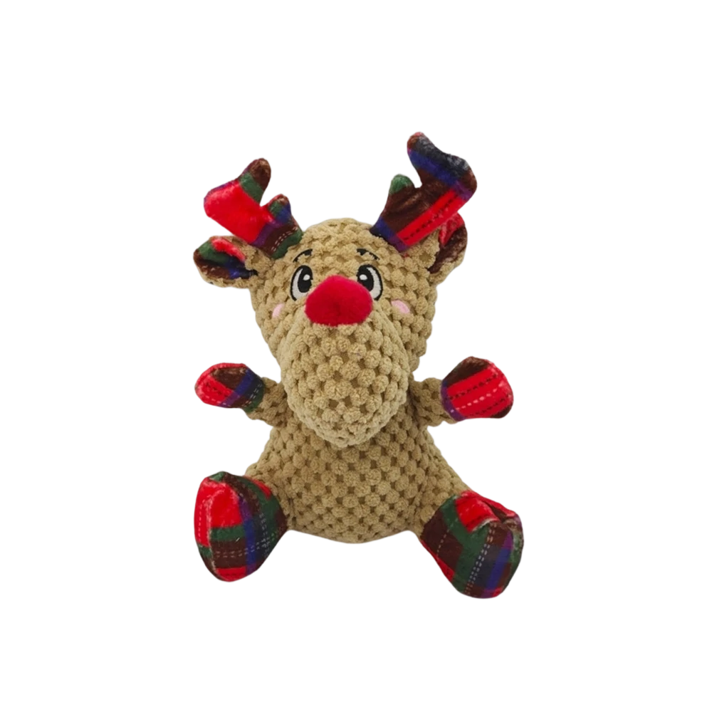 Wholesale Christmas reindeer dog toy featuring textured pineapple fleece, plaid accents, and PP cotton filling. Festive holiday pet toy for B2B supplies.