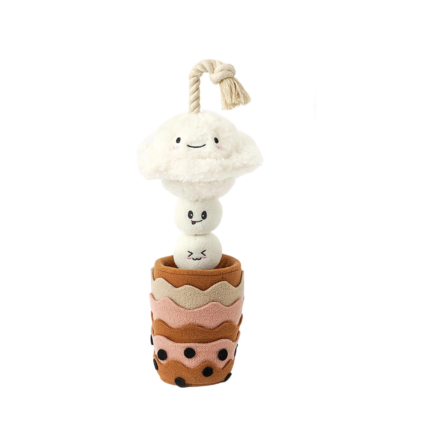 Wholesale cloud boba milk tea dog snuffle toy. Features a 16cm high cup, hide-food compartments, and a cotton rope for tug-of-war. Interactive puzzle toy for B2B pet supplies.
