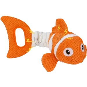 Wholesale interactive clownfish dog toy made of textured pineapple fleece. Features built-in squeaker, crinkle paper, and a pull ring for tugging. Manufactured for B2B pet supplies.