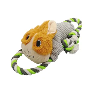 Wholesale interactive cotton rope tug rabbit dog toy. Features a textured surface for teeth cleaning, dual sound squeaker and crinkle paper, and measures 32cm in length weighing 210g.