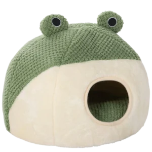 Wholesale frog shaped plush cat cave bed. Enclosed cozy pet tent with textured green plush and organic cotton filling manufactured for B2B pet supplies.