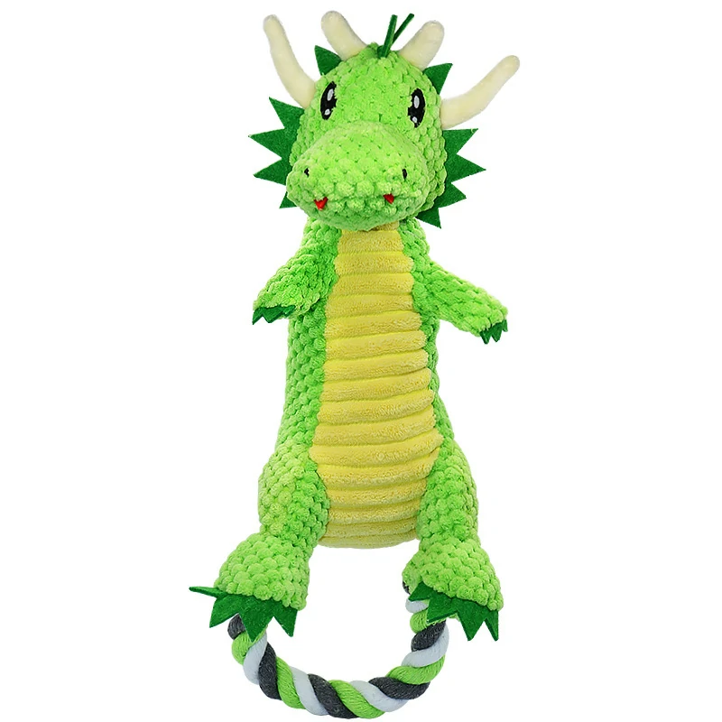 Wholesale green dinosaur squeaky dog toy with cotton rope tail. 30cm interactive chew toy for medium and large dogs.