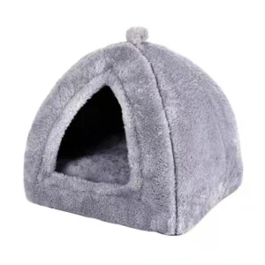 Wholesale grey plush igloo cat cave bed with top pom-pom. Enclosed cozy pet tent made with short plush and organic cotton for B2B pet supplies.