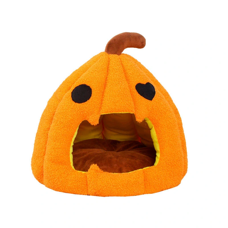 Wholesale Halloween pumpkin shaped cat cave bed. Festive jack-o-lantern enclosed pet tent made of soft polyester and cotton filling for B2B pet supplies.