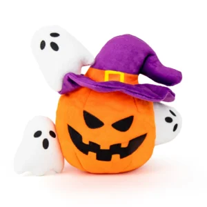 Wholesale Halloween pumpkin dog puzzle toy set. Features ultra-soft plush fabric and hide food compartments. Measures 20.5cm in height and weighs 140g.