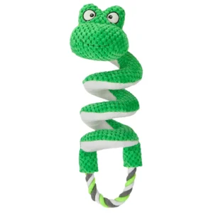 Wholesale long-neck frog dog toy with a spiral body and cotton rope handle. Made of textured pineapple fleece, featuring a built-in squeaker and crinkle paper, measuring 30cm by 13cm.