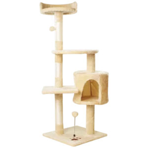 Wholesale multi-tier cat tree tower made of sturdy wood and natural sisal rope. Features a cozy plush condo, top perch, and interactive toys for B2B pet furniture.