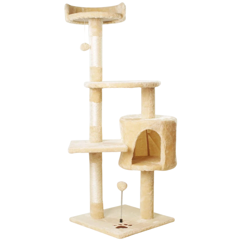 Wholesale multi-tier cat tree tower made of sturdy wood and natural sisal rope. Features a cozy plush condo, top perch, and interactive toys for B2B pet furniture.