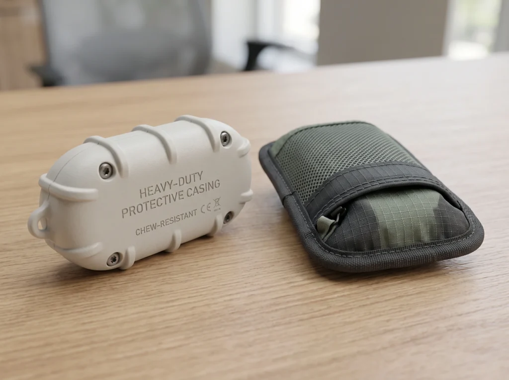 Crush-resistant ABS housing and reinforced tear-resistant mesh pocket for electronic modules in custom dog calming toys, engineered by Wehao Pets factory.