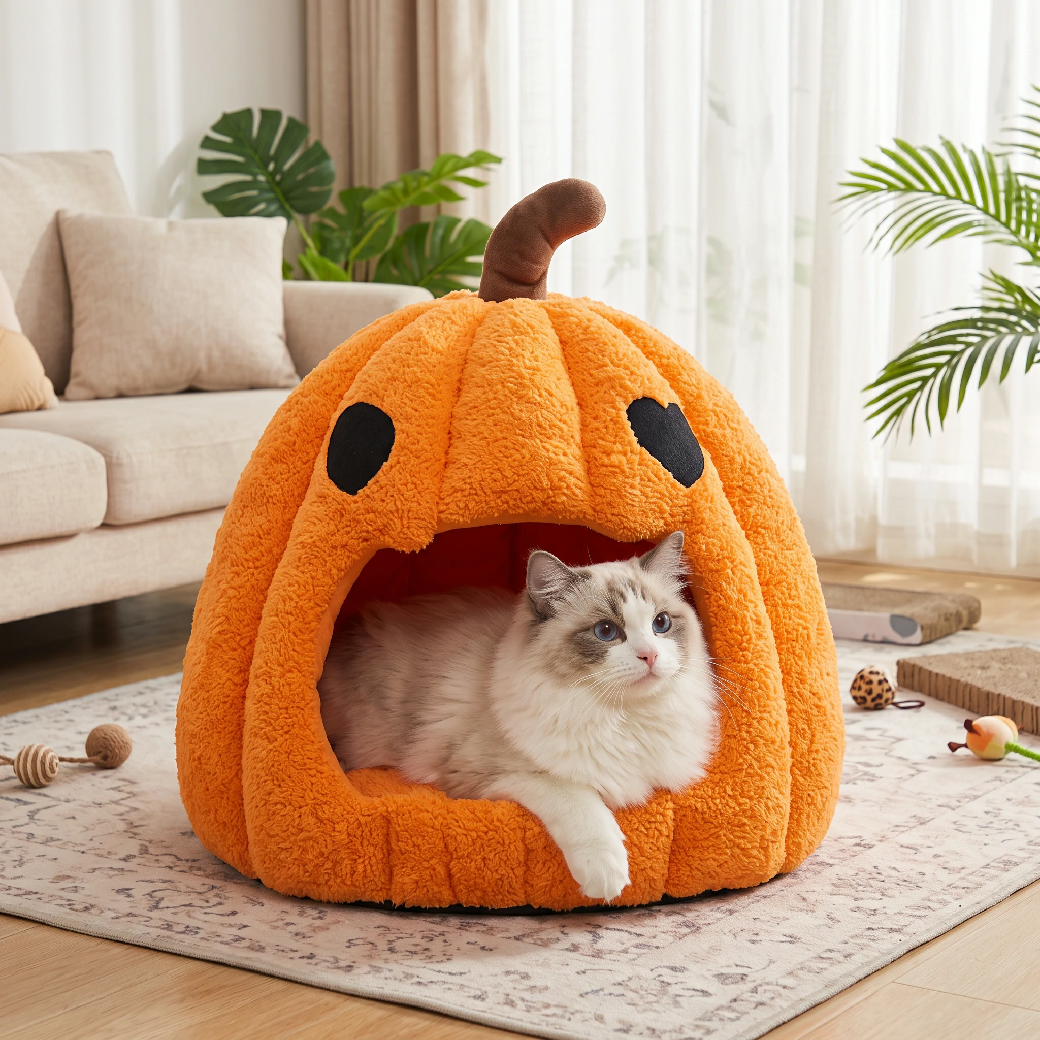 A cute cat relaxing inside a cozy and warm cat cave bed, manufactured by Wehao Pets to provide ultimate privacy and security for felines.