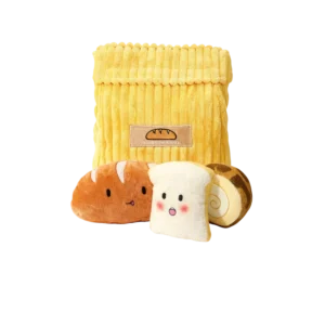 Custom corduroy bread set snuffle dog toy featuring a crinkle paper bag and three squeaky plush breads, manufactured by Wehao Pets.
