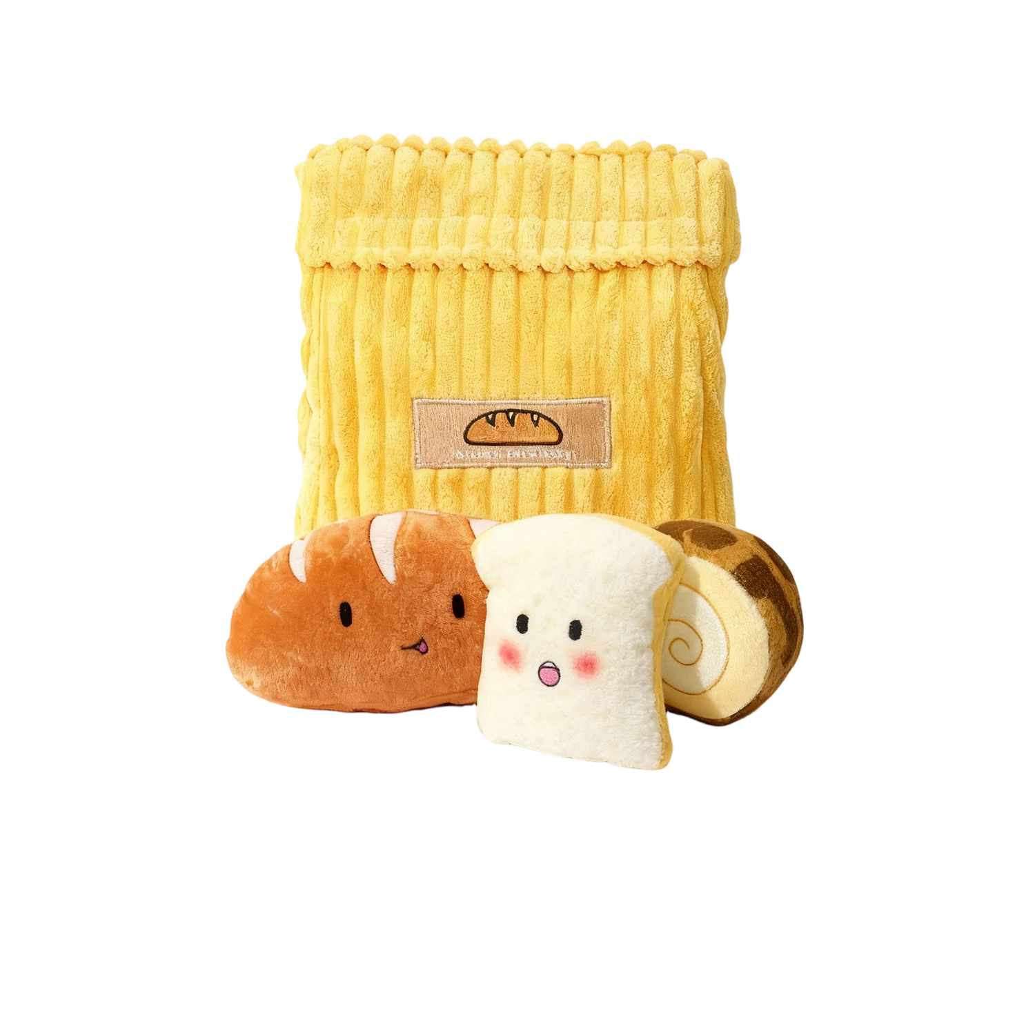 Custom corduroy bread set snuffle dog toy featuring a crinkle paper bag and three squeaky plush breads, manufactured by Wehao Pets.