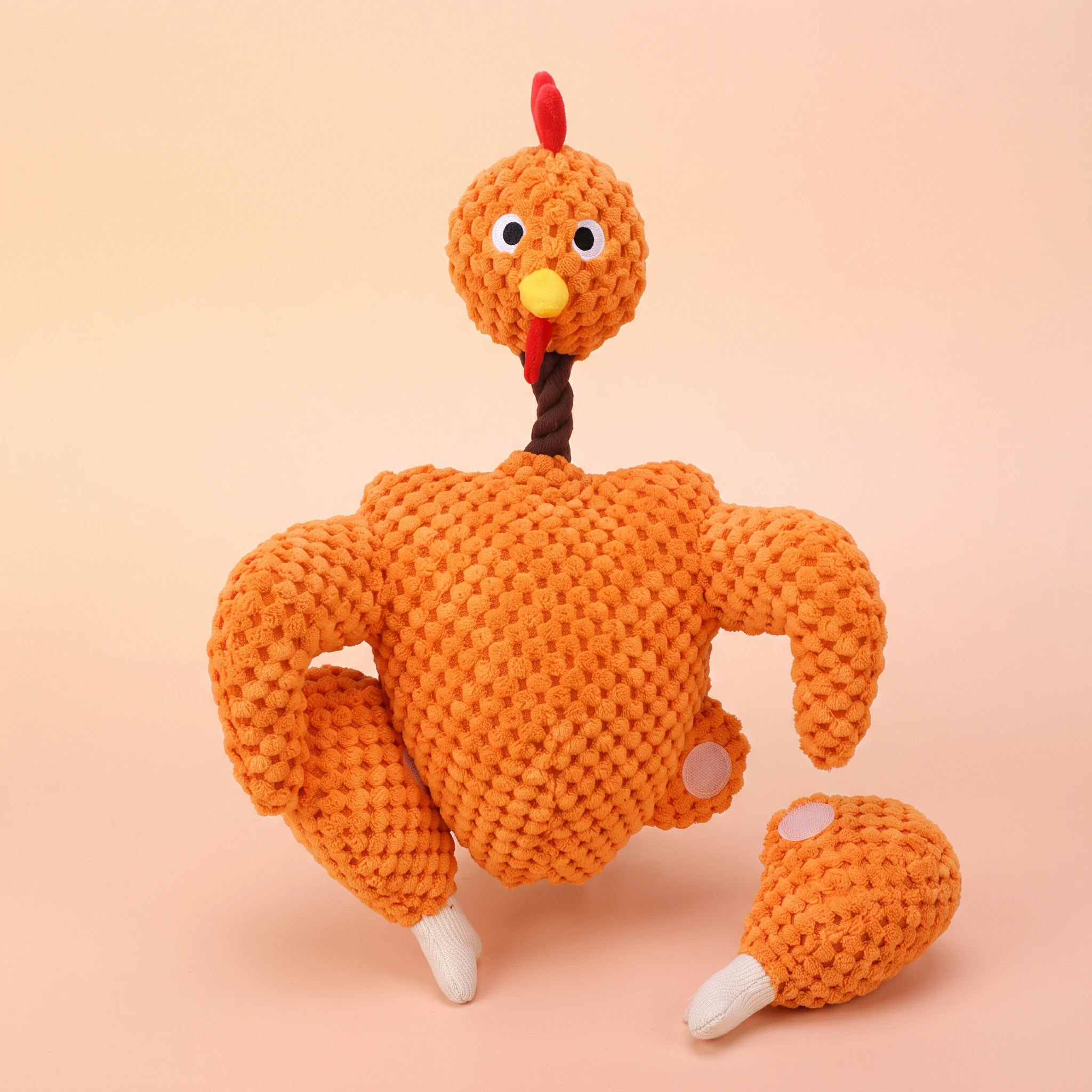 Custom detachable roast chicken squeaky dog chew toy with velcro drumstick and double squeakers, manufactured by Wehao Pets.