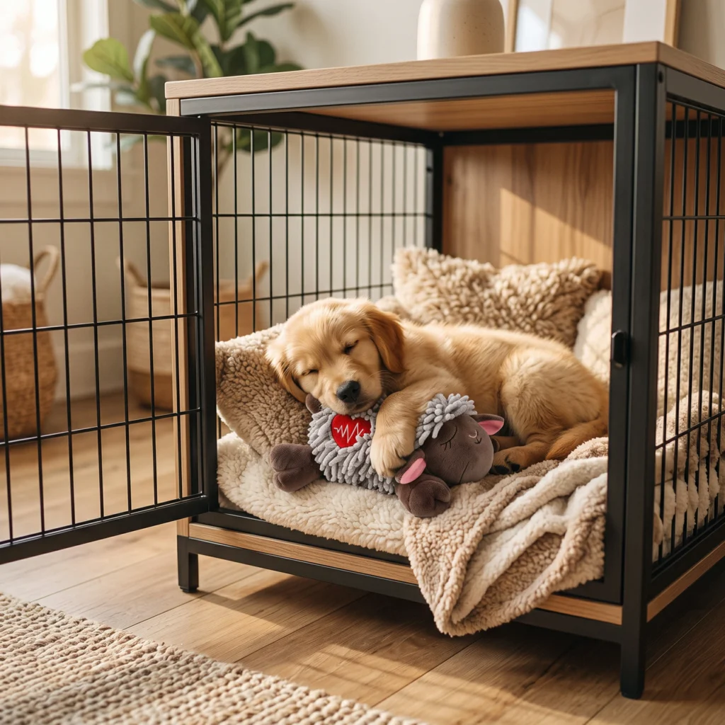 A peaceful puppy sleeping in a crate hugging a custom dog calming toy, manufactured by Wehao Pets to effectively relieve separation anxiety.