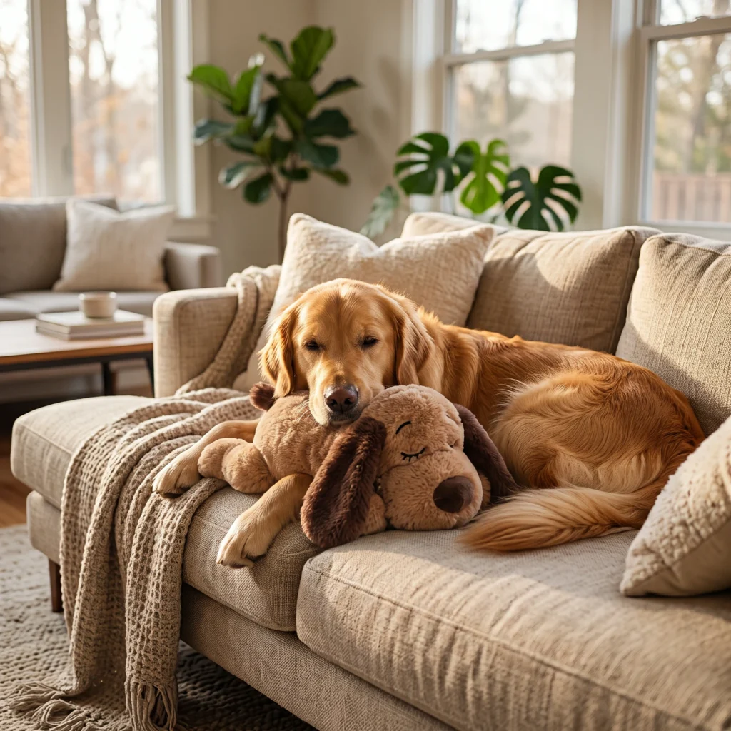 A relaxed dog resting on a sofa with a custom calming plush toy, manufactured by Wehao Pets to naturally relieve separation anxiety.