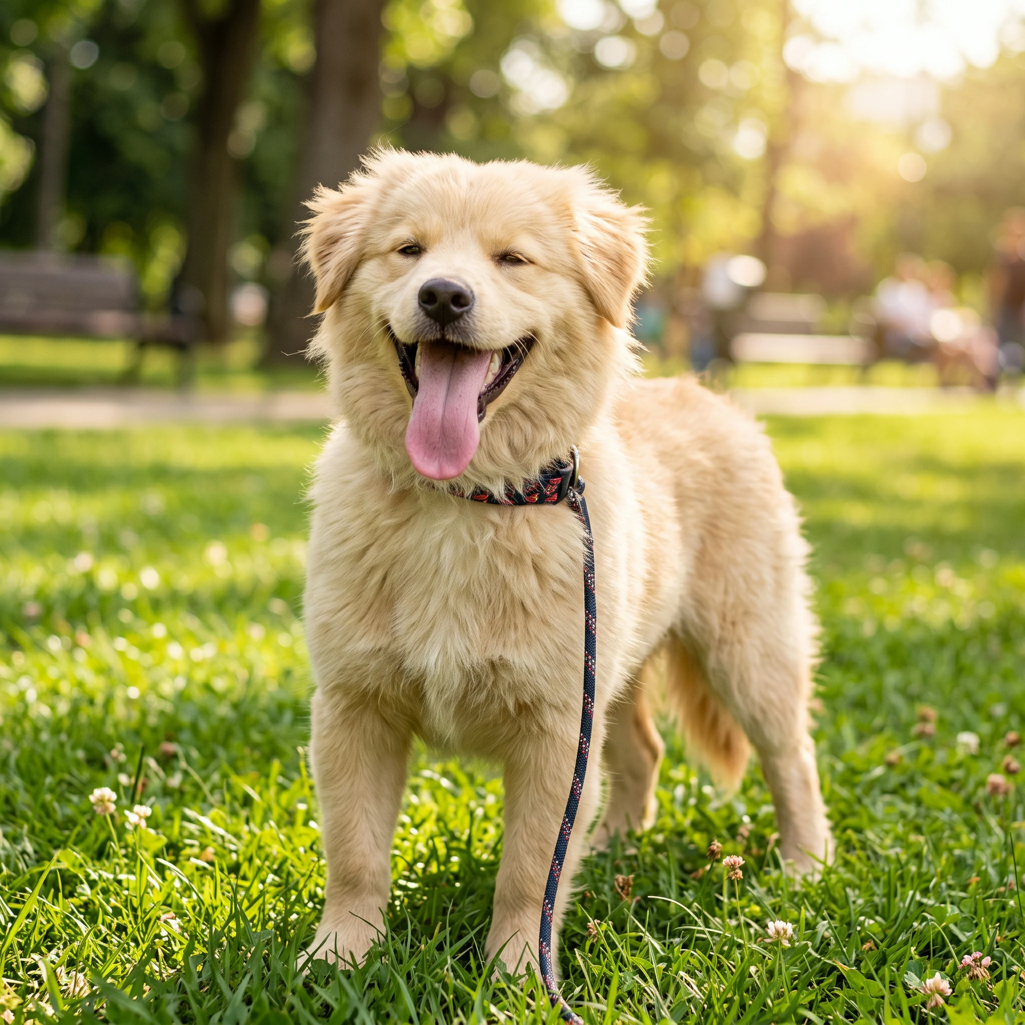 A happy dog walking outdoors equipped with a heavy-duty custom dog collar and leash set manufactured by Wehao Pets.
