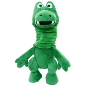 Custom green dinosaur plush dog toy with built-in crinkle paper for interactive tug play, manufactured by Wehao Pets factory.