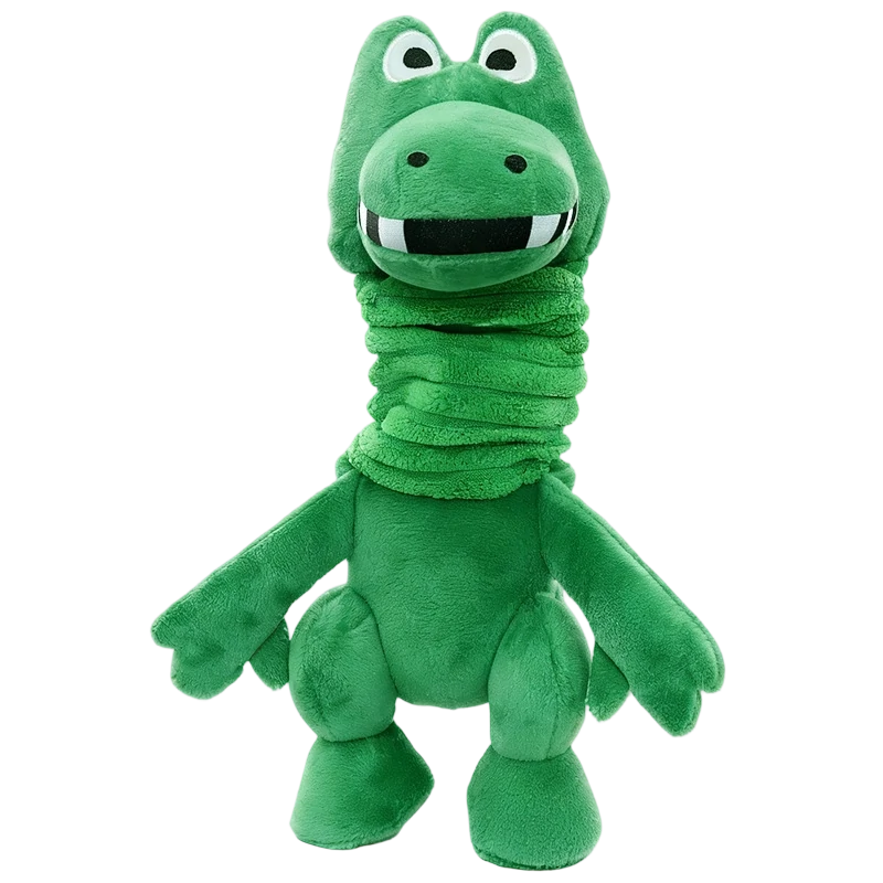 Custom green dinosaur plush dog toy with built-in crinkle paper for interactive tug play, manufactured by Wehao Pets factory.