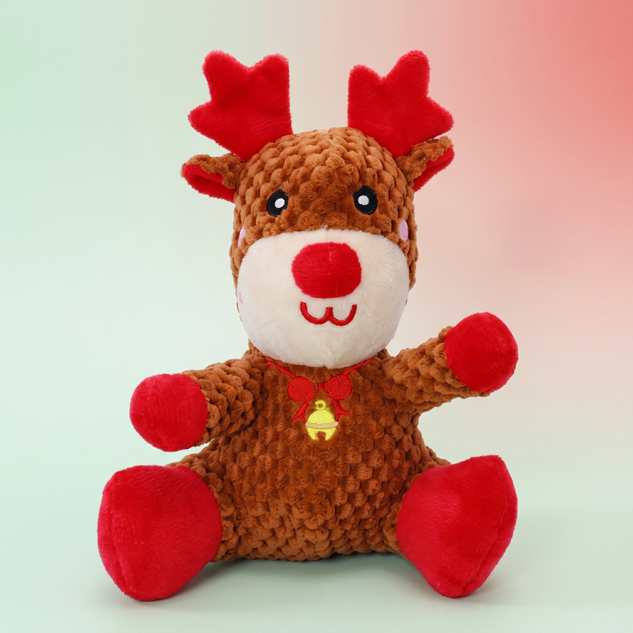 Custom Christmas holiday-themed reindeer squeaky dog chew toy, designed for safe chewing and seasonal retail sales by Wehao Pets.