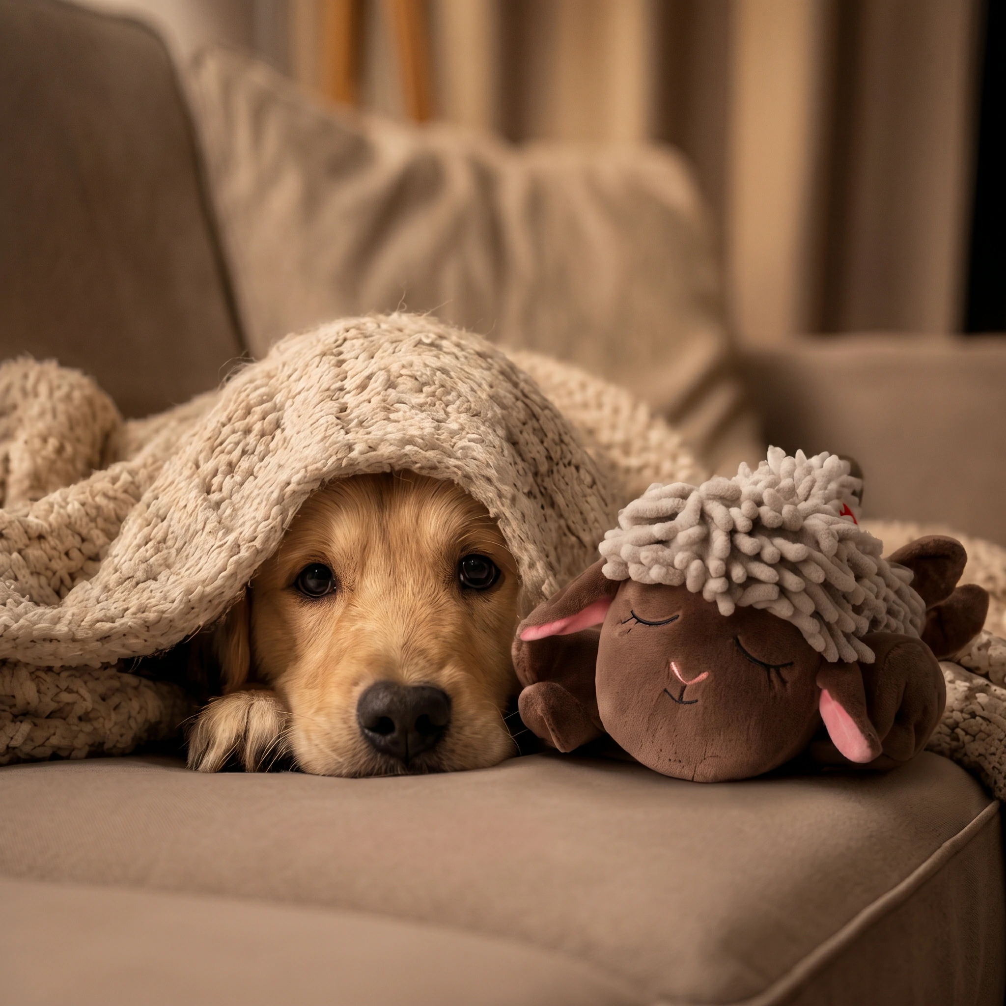 A peaceful puppy sleeping comfortably with a custom plush dog calming toy, manufactured by Wehao Pets for anxiety relief.