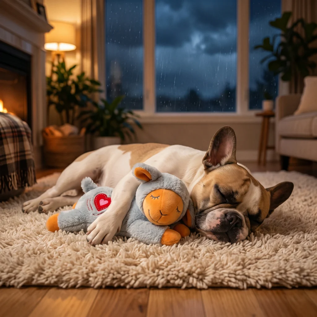 A peaceful dog indoors hugging a custom calming toy during a thunderstorm, highlighting the anxiety-relief manufacturing capabilities of Wehao Pets.