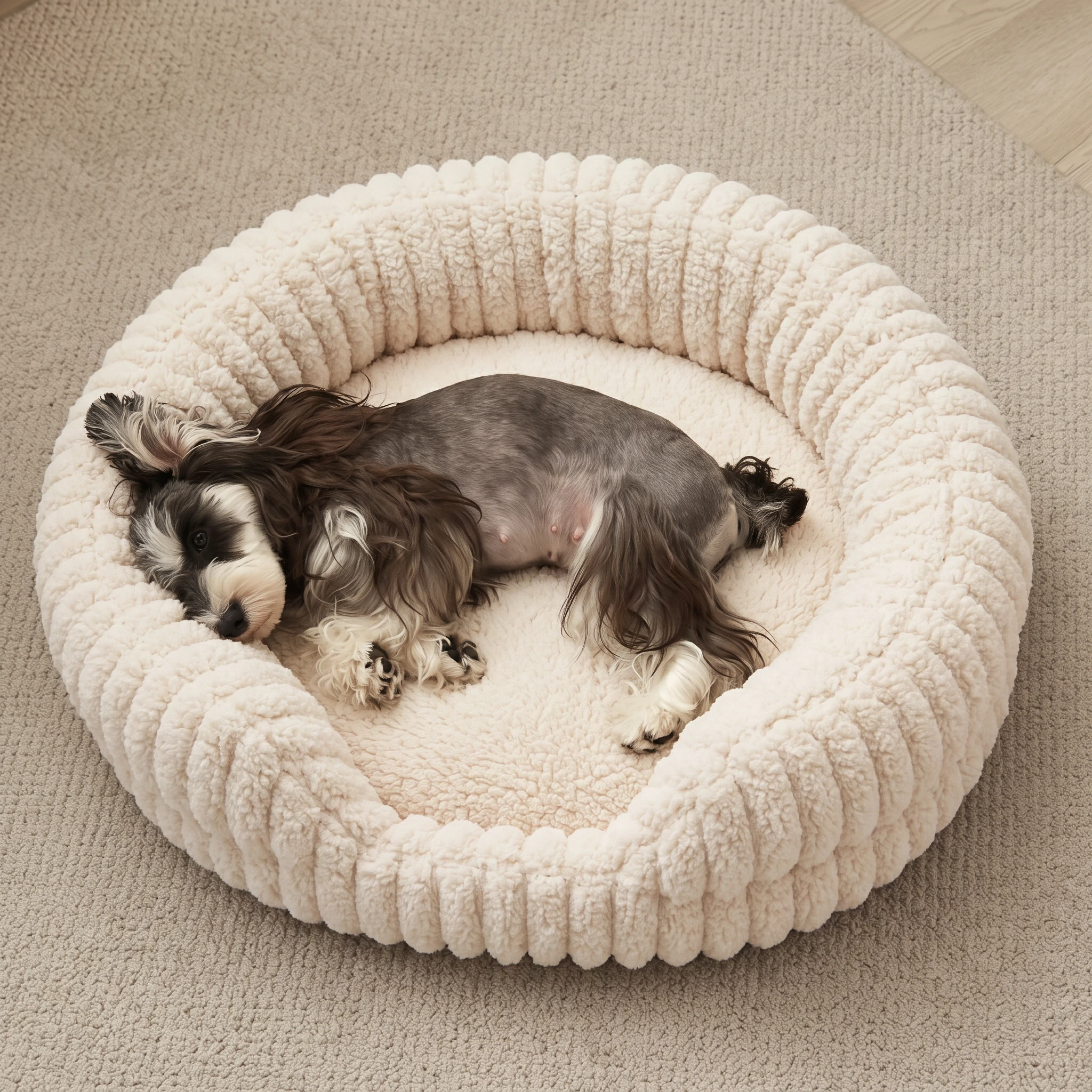 A relaxed dog sleeping deeply curled up in an ultra-soft calming donut dog bed, manufactured by Wehao Pets.