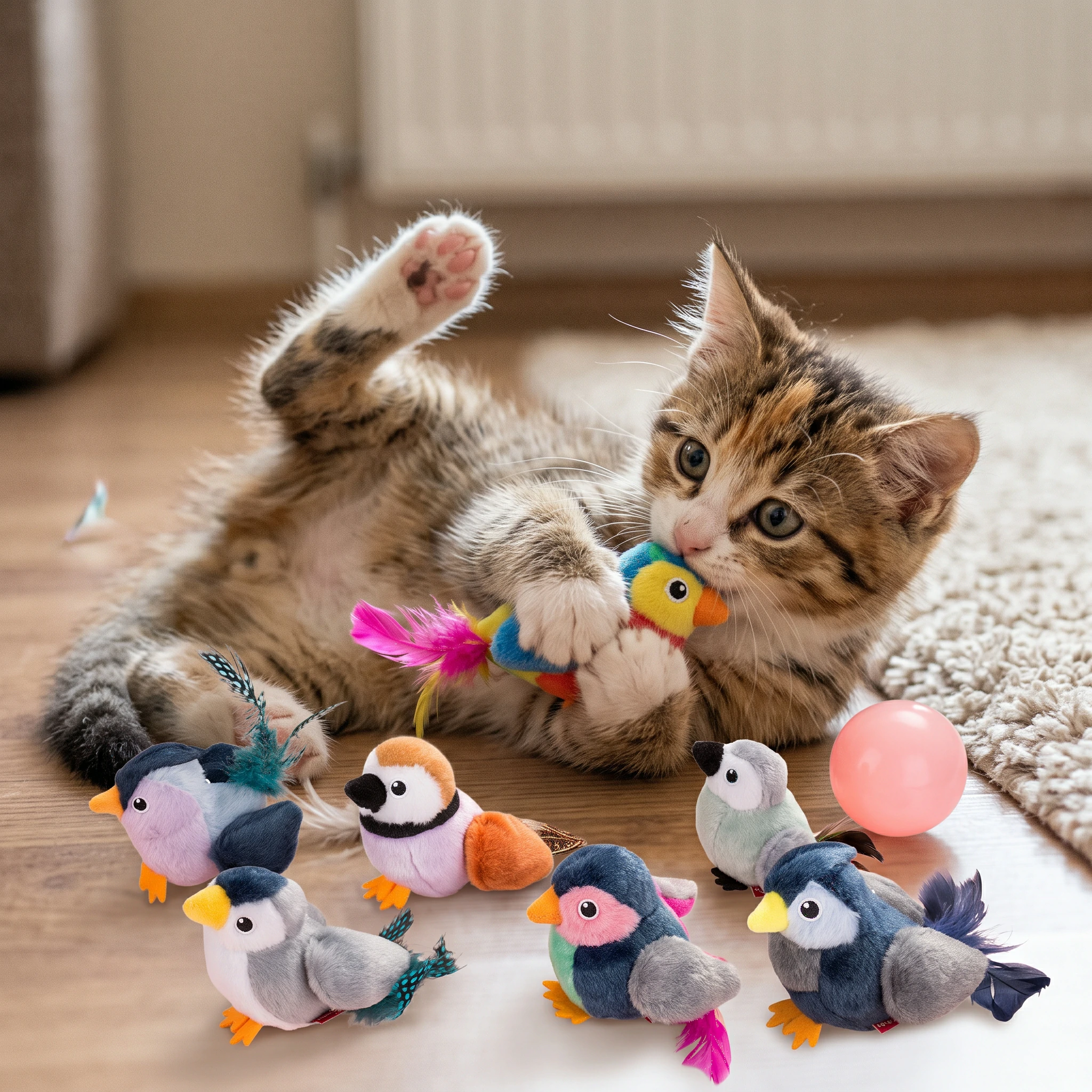 A playful cat pouncing on a custom interactive plush cat toy, produced by Wehao Pets direct factory to trigger natural hunting instincts.