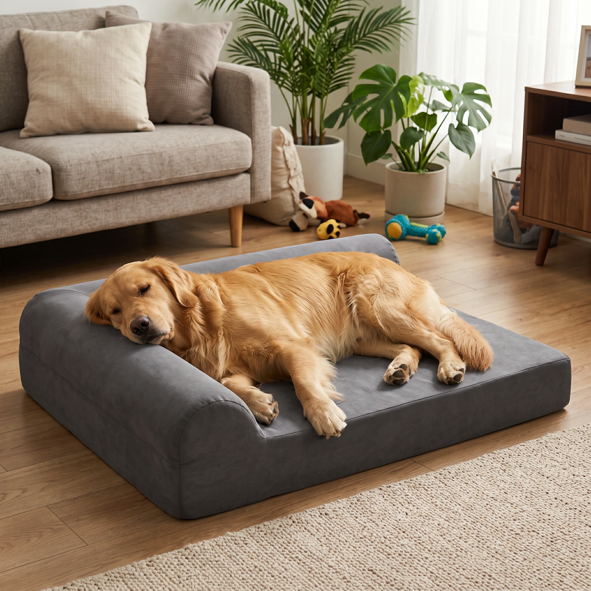 A senior dog resting comfortably on a supportive orthopedic dog bed, manufactured by Wehao Pets for joint pain relief and maximum support.
