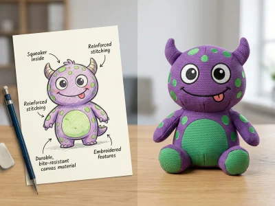 Split screen showing a 2D monster pet toy sketch and its perfectly manufactured custom plush replica, highlighting WEHAO's accurate 3D prototyping.