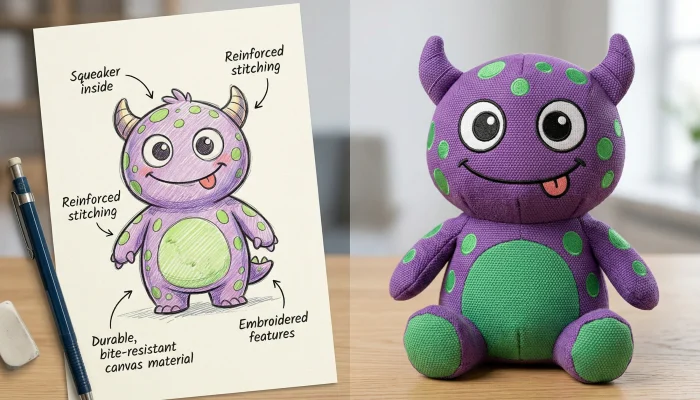Split screen showing a 2D monster pet toy sketch and its perfectly manufactured custom plush replica, highlighting WEHAO's accurate 3D prototyping.