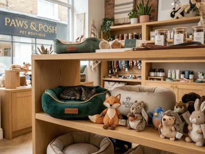 High-end pet boutique shelf displaying custom manufactured plush pet beds and embroidered squeaky toys that meet strict EN71 safety standards.