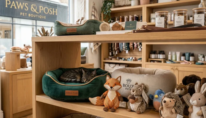 High-end pet boutique shelf displaying custom manufactured plush pet beds and embroidered squeaky toys that meet strict EN71 safety standards.