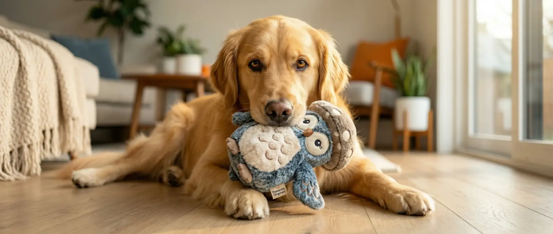 Happy golden retriever gently holding a customized plush dog toy in its mouth in a warm, sunlit modern home, demonstrating the comfort and safety of WEHAO's bespoke pet manufacturing.